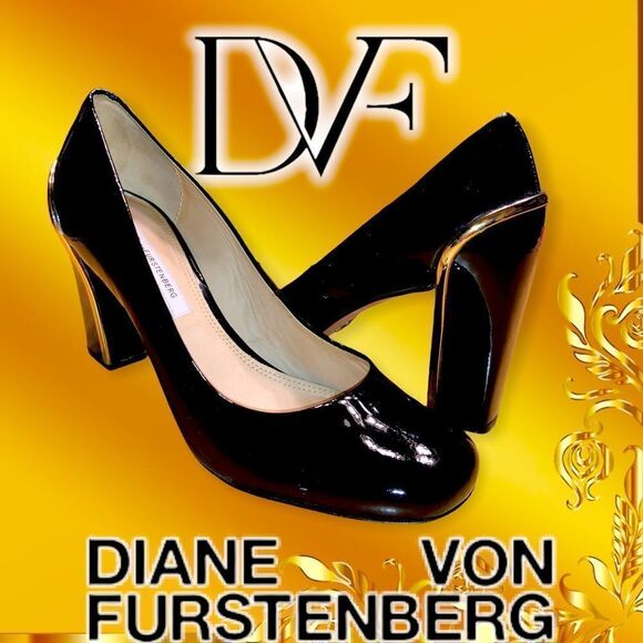 DIANE VON FURSTENBERG PATENT LEATHER HEELS 7.5 Black - Picture 1 of 9